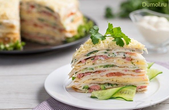 Блинный торт с ветчиной, сыром и овощами (блинный, торт) Блинный торт с ветчиной, сыром и овощами