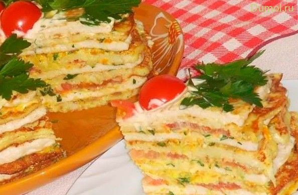 Кабачковый торт с овощами и куриным фаршем (кабачковый, торт) Кабачковый торт с овощами и куриным фаршем