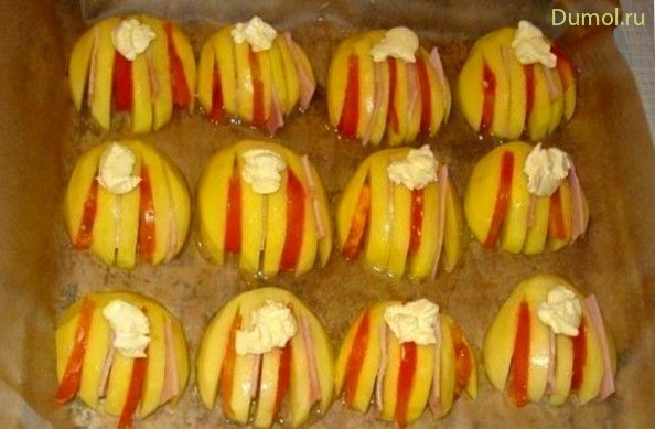 Картофельные ракушки с помидорами и ветчиной