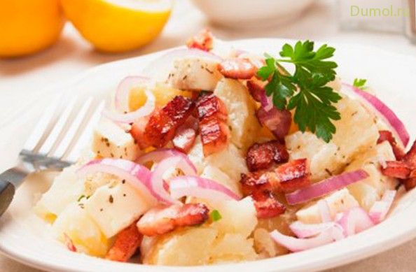 Картофельный салат с беконом, без майонеза (картофельный, салат, беконом, жир, бекон) Картофельный салат с беконом, без майонеза