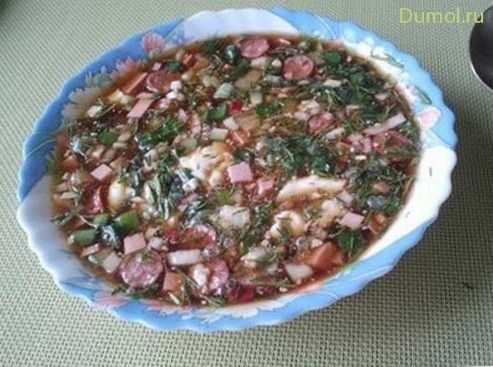 Окрошка с охотничьими колбасками (окрошка, охотничьими, колбасками) Окрошка с охотничьими колбасками