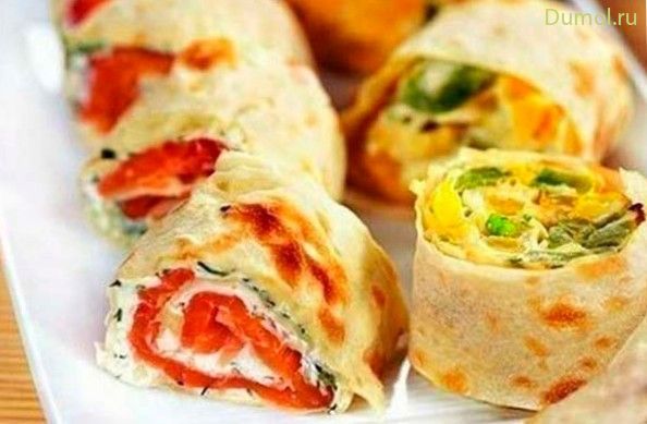 Роллы из лаваша с красной рыбой и ветчиной