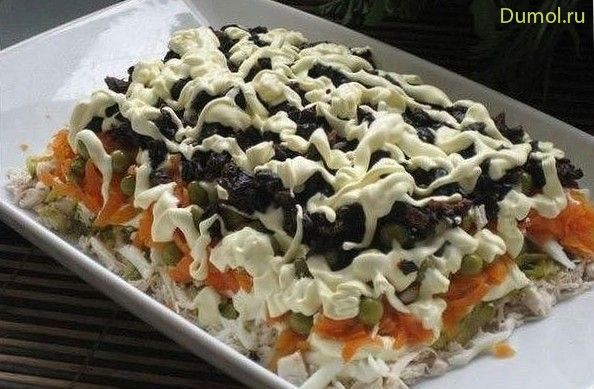 Салат из копченой курицы с грибами и черносливом
