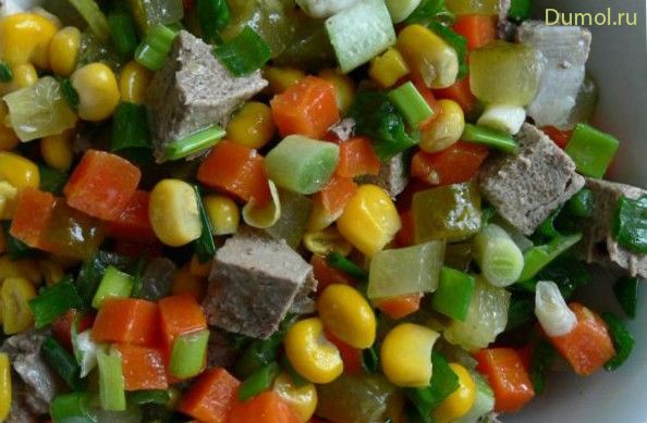 Салат с кукурузой и куриной печенью (салат, кукурузой) Салат с кукурузой и куриной печенью