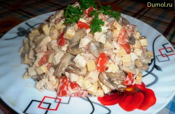 Салат с курицей грибами и помидорами черри (салат, курицей) Салат с курицей грибами и помидорами черри