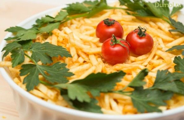 Салат слоеный с курицей и картофелем фри