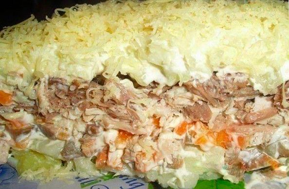 Слоеный салат с вареным мясом и грибами (слоеный, салат, маринад) Слоеный салат с вареным мясом и грибами