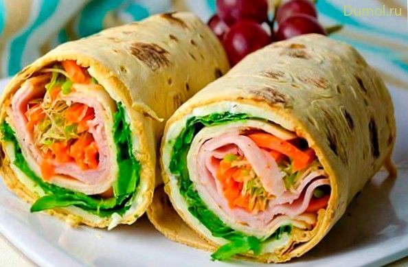 Тёплая закуска в лаваше с ветчиной (тёплая, закуска, лаваше) Тёплая закуска в лаваше с ветчиной