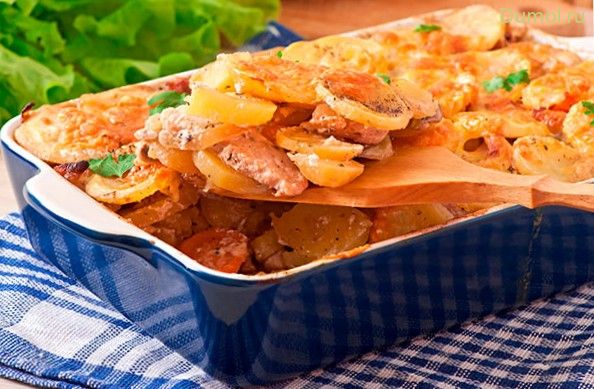 Запеченное мясо с сыром и картошкой (запеченное, мясо, сыром, свинина) Запеченное мясо с сыром и картошкой